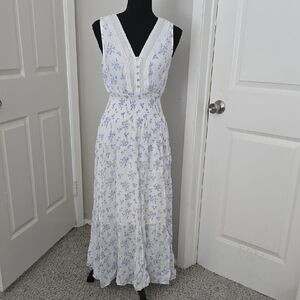 Elegant White and Blue Floral Dress